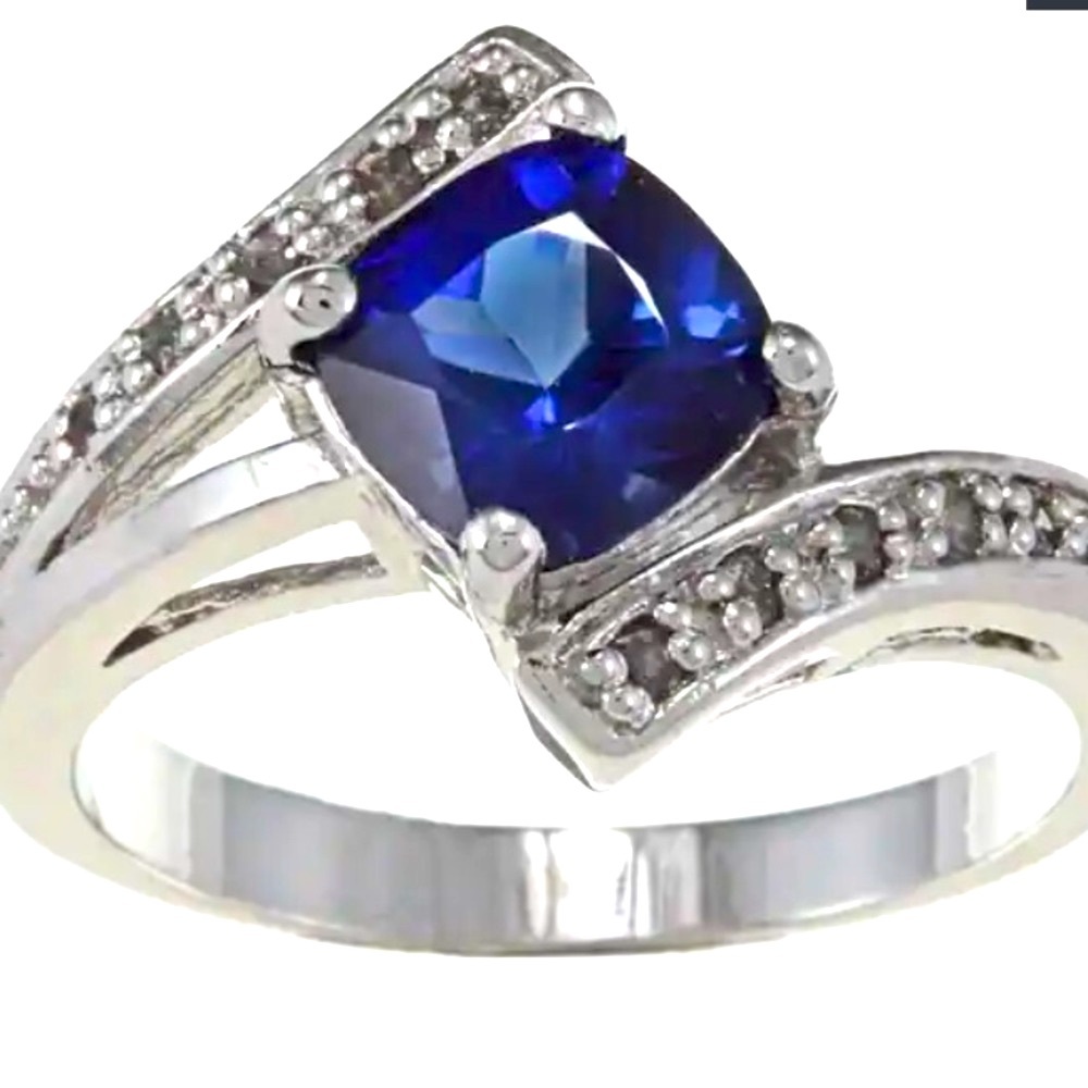 Sterling Silver, Lab Blue Sapphire, 1/10 CT Diamond Cluster Cocktail Ring